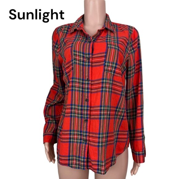 Old Navy Women Orange Plaid Long Sleeve Button-Down Shirt SZ L Classic Holidays - Picture 1 of 15